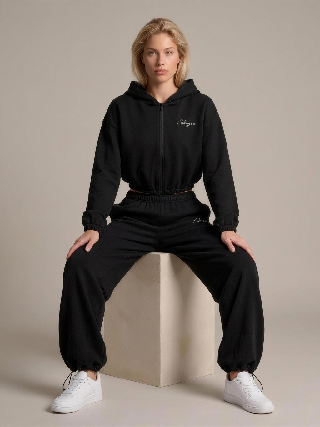 BAGGY Tracksuit — Zip Hoodie & Wide Pants — Black — studio