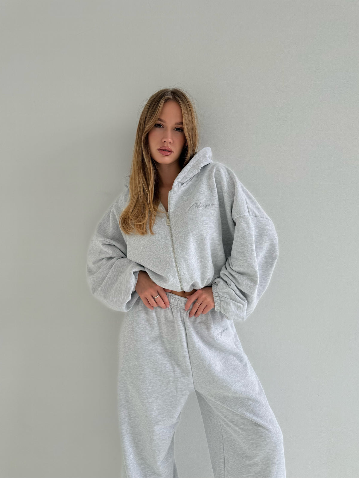 BAGGY Tracksuit — Zip Hoodie & Wide Pants — Grey Melange