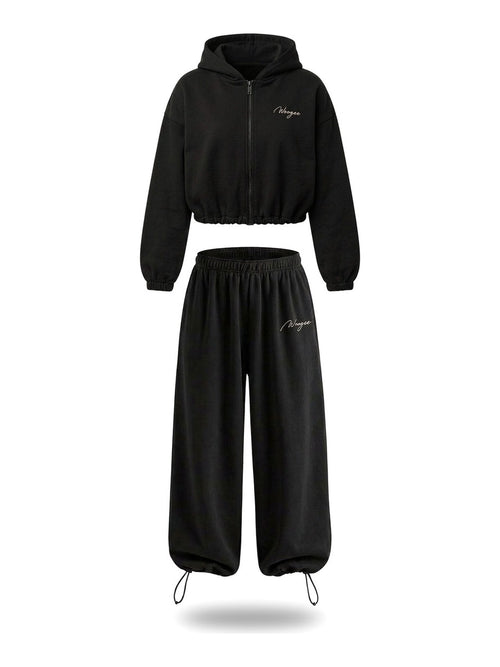 BAGGY Tracksuit — Zip Hoodie & Wide Pants — Black
